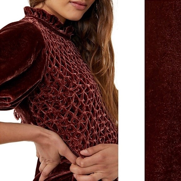 NWT Free People Gum Drop Velvet Dress Mini Smocked Maroon Chocolate Brown XS - Picture 2 of 9